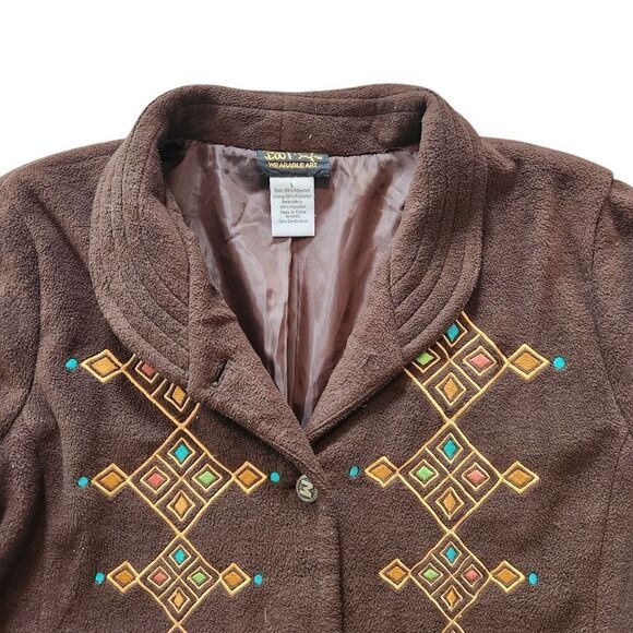 Bob Mackie Jacket Womens Large Wearable Art Fleece Coat Brown Embroidered Button - Picture 3 of 8